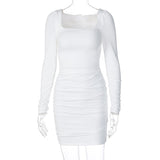 ElveswalleT Hot Sale White Long Sleeve Dress For Women Black Vestido de Mujer Robe Femme Autumn Spring Ruched Elegantes Bodycon Dresses