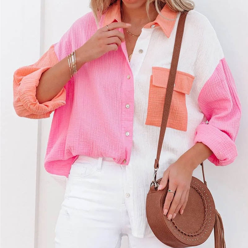 New Spring Summer Fashion Women New Patchwork Shirt Elegant Commute Contrast Lapel Buttons Cardigan Streetwear Ladies Casual Blouses