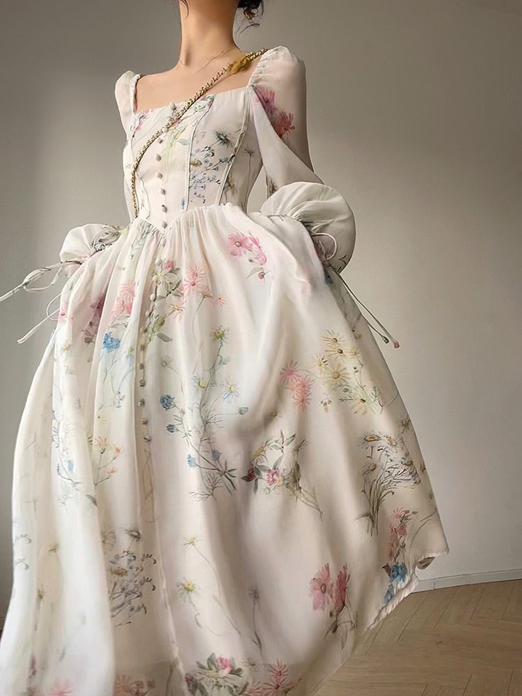 French Elegant Floral Midi Dress Chiffon Long Sleeve Evening Party Dress Woman Beach Fairy One Piece Dress Korean   Summer