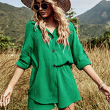 New Summer Casual Button Rose Red Women's Sets Cotton Two Pieces Sets Women Long Sleeve White Shirt and Shorts Set Outfits