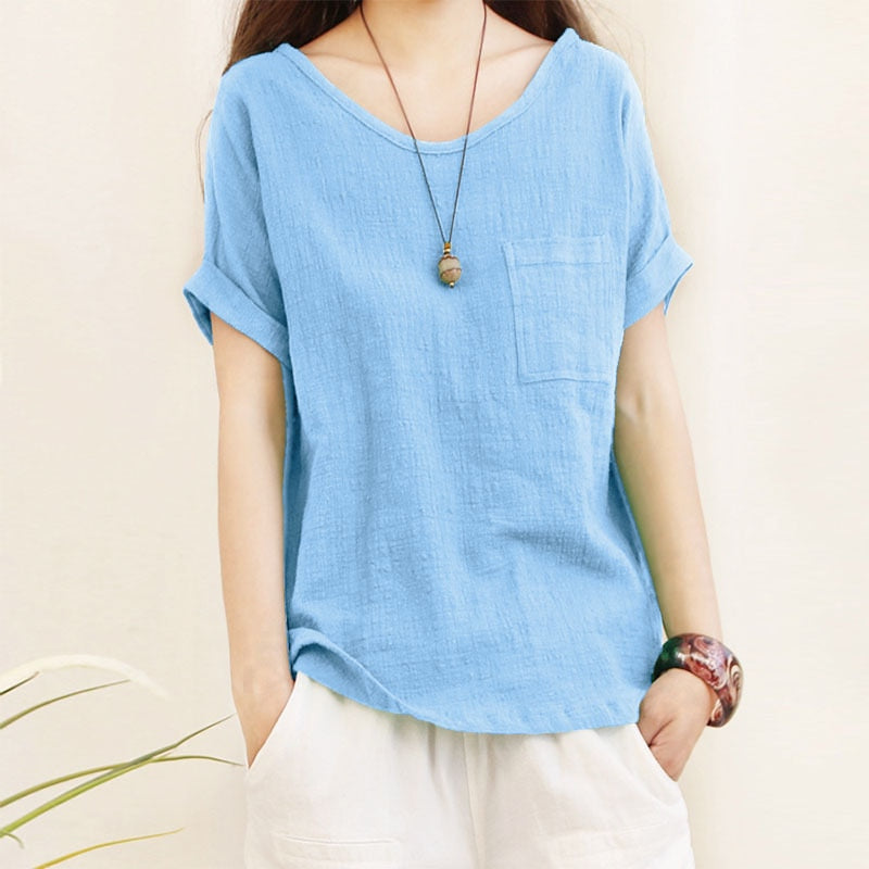 Green Loose Cotton Linen Blouse Oversize 5XL Blouses Women   Summer Shirts Casual Short Sleeve O Neck Solid Shirt Lady Tops