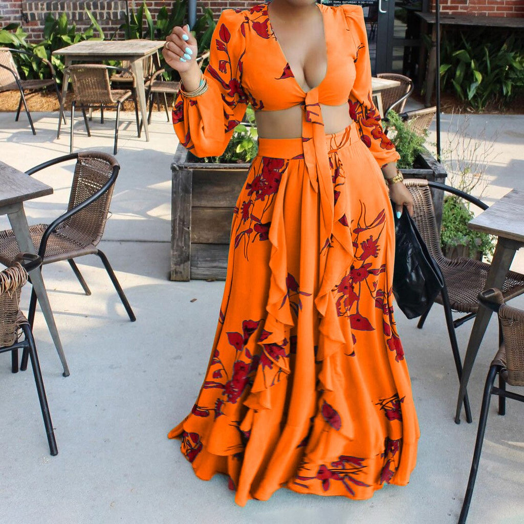 ElveswalleT Summer   Fashion African Women Long Sleeve V-neck Polyester Printing Yellow Orange Green Two Pieces Sets Top and Long Skirts