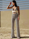Knitted Two Piece Set Long Sleeve Crop Top Beach Sexy And Bodycon Trousers   Summer Women Outfits Party Club