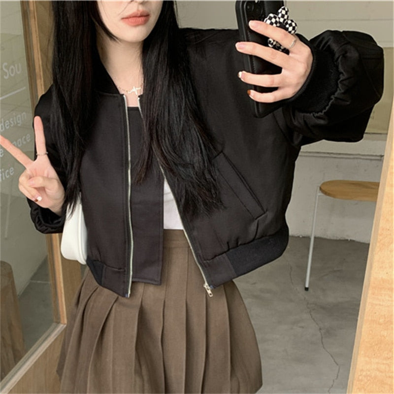 Chic Jacket for Women Spring   New Long Sleeve Stand Collar Korean Zippers Oversized Coats Solid Casual Y2k Jackets