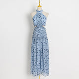 Summer Women Chiffon Midi Dress Party Stand Collar Sleeveless Pleated Waist Elegant Lady Ruched Floral Long Dress Ruffle