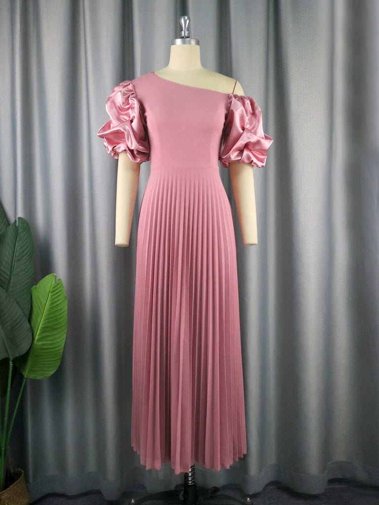 Long Party Dress for Women Classy Pink Cold Shoulder Ruched Sleeve Pleated A Line Flowy Maxi Evening Gowns for Brides Occaions