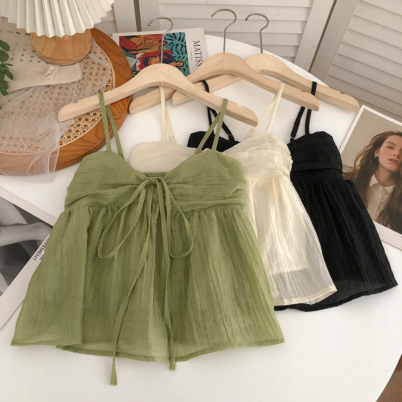 Summer New Korean Style Sweet Crop Tops All-Match Bow Tie Sleeveless Short Mesh Outer Wear Spaghetti-Strap Camisole Top