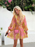 Summer Women Elegant With Print Hollow Out Mini Dress New Pleated Full Sleeves Tied V-Neck Back Zippers Vintage Vestidos