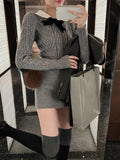 Autumn Korean Suit Sexy Bodycon Mini Skirt + Long Sleeve Solid Short Sweater Woman Knitted 2 Piece Dress Set Retro Casual