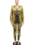 Womens Sexy Bodycon Jumpsuit Vintage Printed Long Sleeve One Piece Outfits with Tassels Rhinestone Yellow Black Romper Clubwear