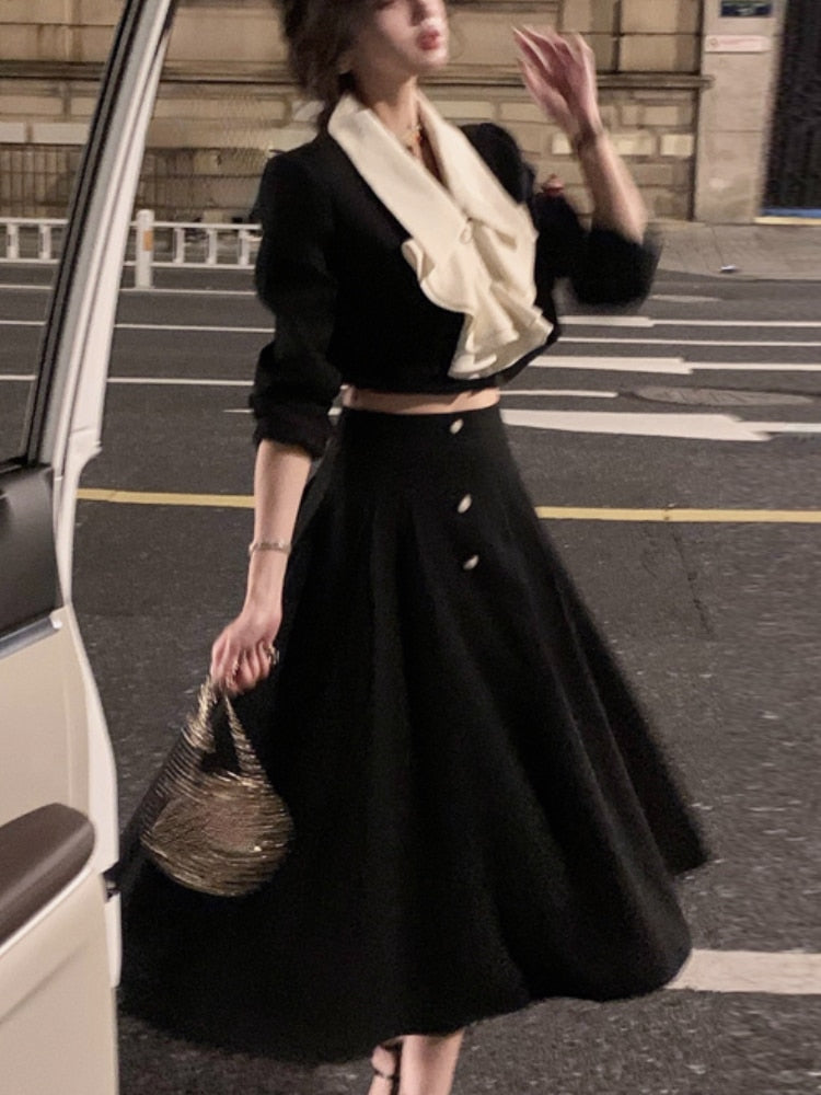 Korean Suit Autumn Elegant 2 Piece Dress Set Office Lady Long Sleeve Crop Tops + Casual Black Midi Skirt Woman Slim Retro