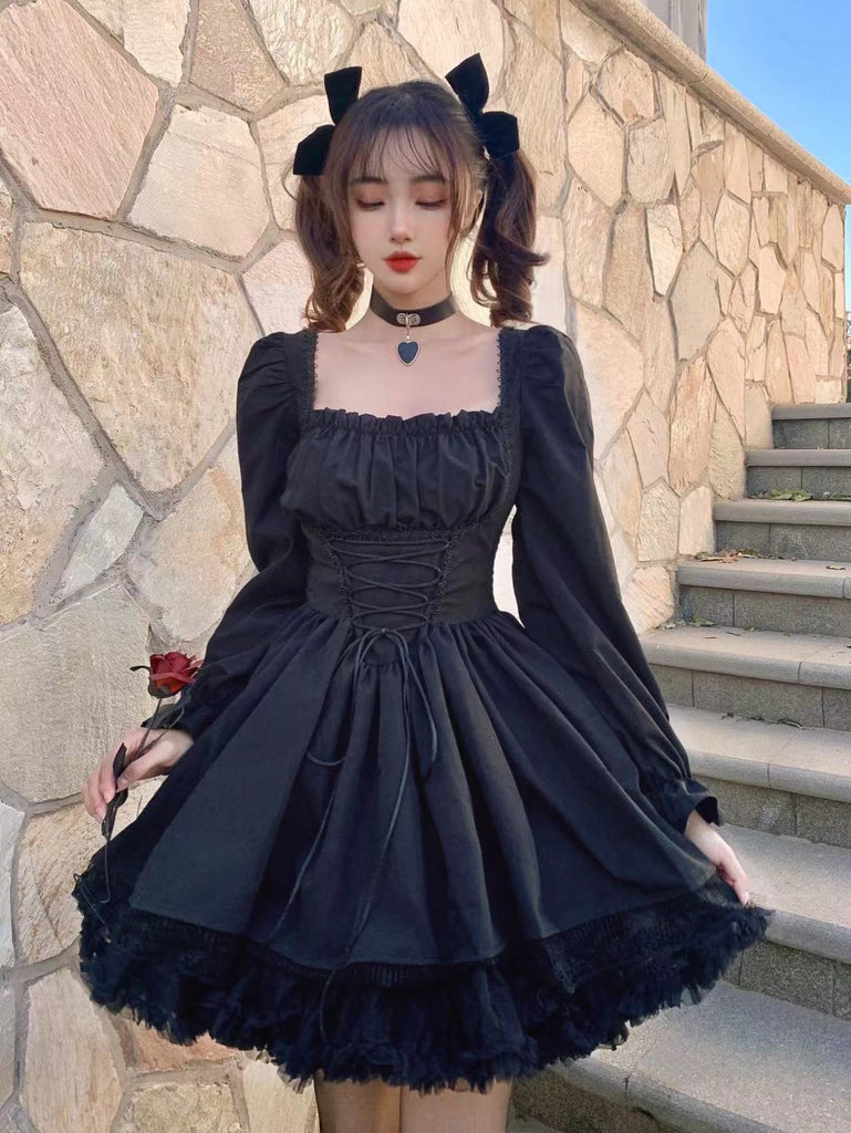 ElveswalleT Womens New Trends White Lolita Dress Kawaii Vinatge Long Sleeve Mini Dresses Black Gothic Bandage Lace Patchwork Streetwear Square Collar