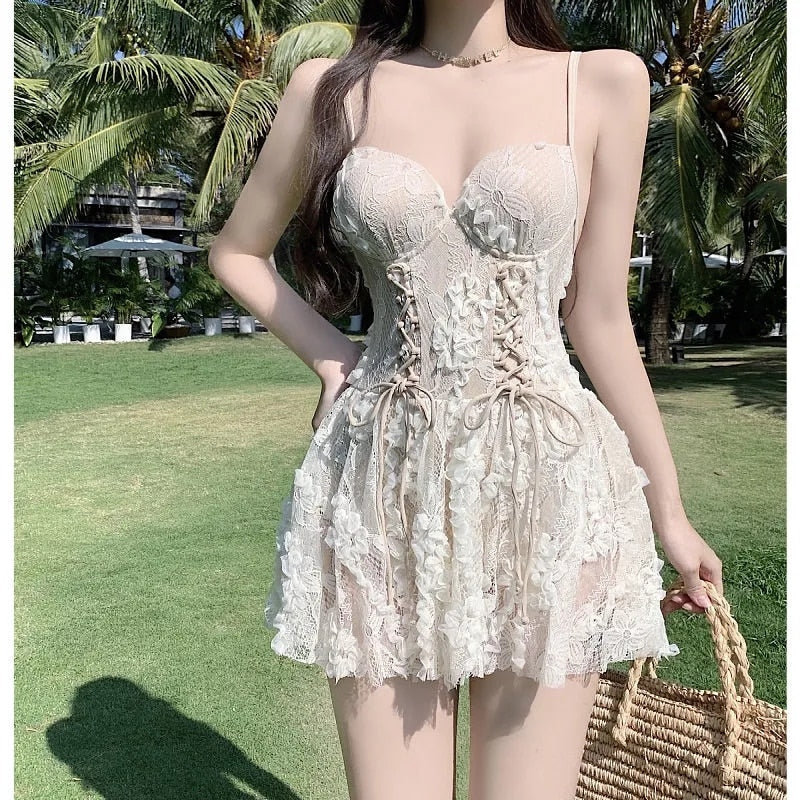 Backless Dress Women Lace Sexy Short Embroidery Mini Y2k Push Up Dress with Flowers Korean Dress Summer Gothic Party