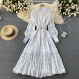 Summer Sexy Party Dress Women Single Breasted Long Sleeve Layer Ruffle Flower Embroidery Lace Tulle Maxi Dress Robe