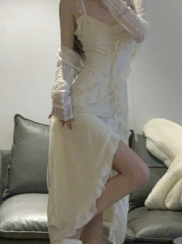 Fairy 2 Piece Dress Set Woman Casual Long Sleeve Crop Tops + Elegant Solid Strap Midi Dress Party Korea Fashion Suit   Summer