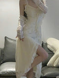 Fairy 2 Piece Dress Set Woman Casual Long Sleeve Crop Tops + Elegant Solid Strap Midi Dress Party Korea Fashion Suit   Summer