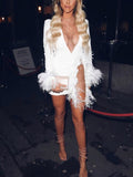 ElveswalleT   Sexy See Through Sequin Mesh Patchwork Dresses Women Deep V White Feather Mini Party Dress Ladies Nightclub Vestidos