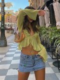 ElveswalleT Summer Outfits Vintage 90s Streetwear Ruffles Trim Green Chiffon T-shirts Y2K Fashion Sexy Deep V Lace Up Long Sleeve Tops Transparent