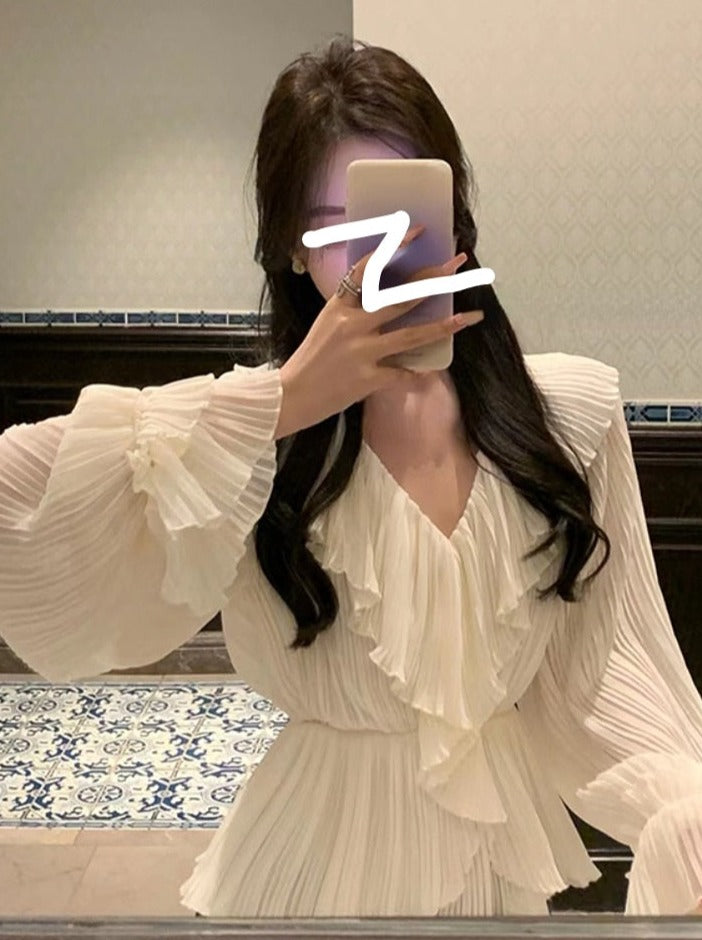 Pure Color French Elegant Dress Woman Long Sleeve Fairy Midi Dress Casual   Summer Slim Party One Piece Dress Korean Design
