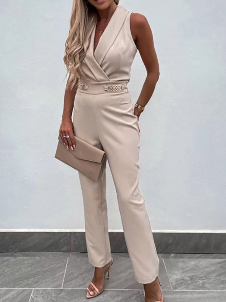 Female Backless V Neck Solid Zipper Jumpsuit Off Shoulder Sleeveless Overalls With Pockets Casual Women Summer Slim Long Rompers