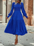 Spring Casual O Neck Lantern Sleeve Dress Women Loose Elegant Solid A-line Dress Lady Simple High Waist Klein Blue Dress