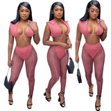 ElveswalleT Womens Fashion 3 Pieces Set Bandage Lace Up Halter Crop Top Sheer Mesh Pants set Party Night Club Outfits Streetwear See Through Cloth