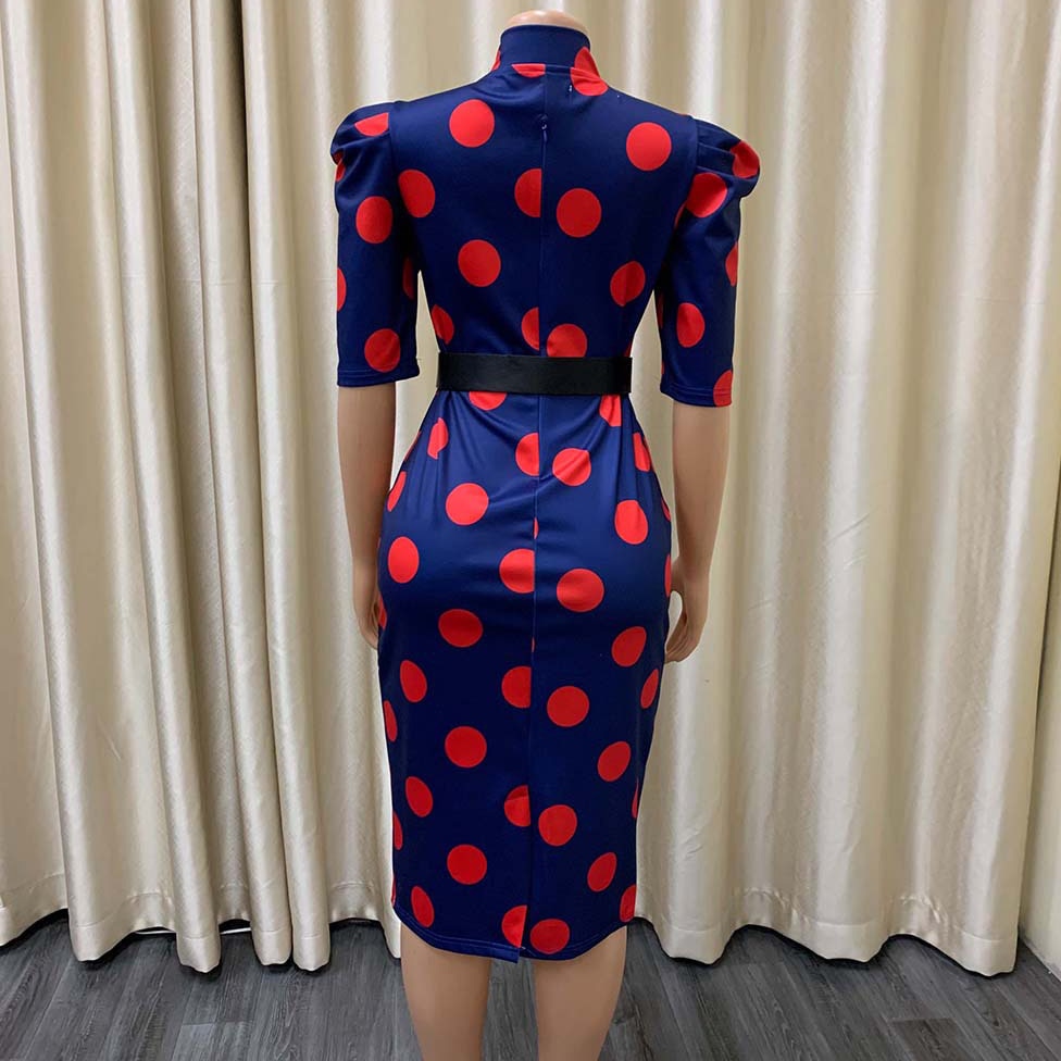 Elegant Office Dresses for Ladies   Business Dot Printed High Waisted Short Sleeve Mid Calf Fashion Work Wear Cloth Dress OL