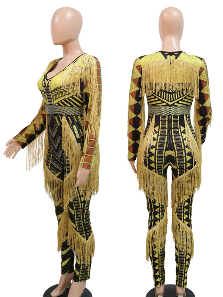 Womens Sexy Bodycon Jumpsuit Vintage Printed Long Sleeve One Piece Outfits with Tassels Rhinestone Yellow Black Romper Clubwear