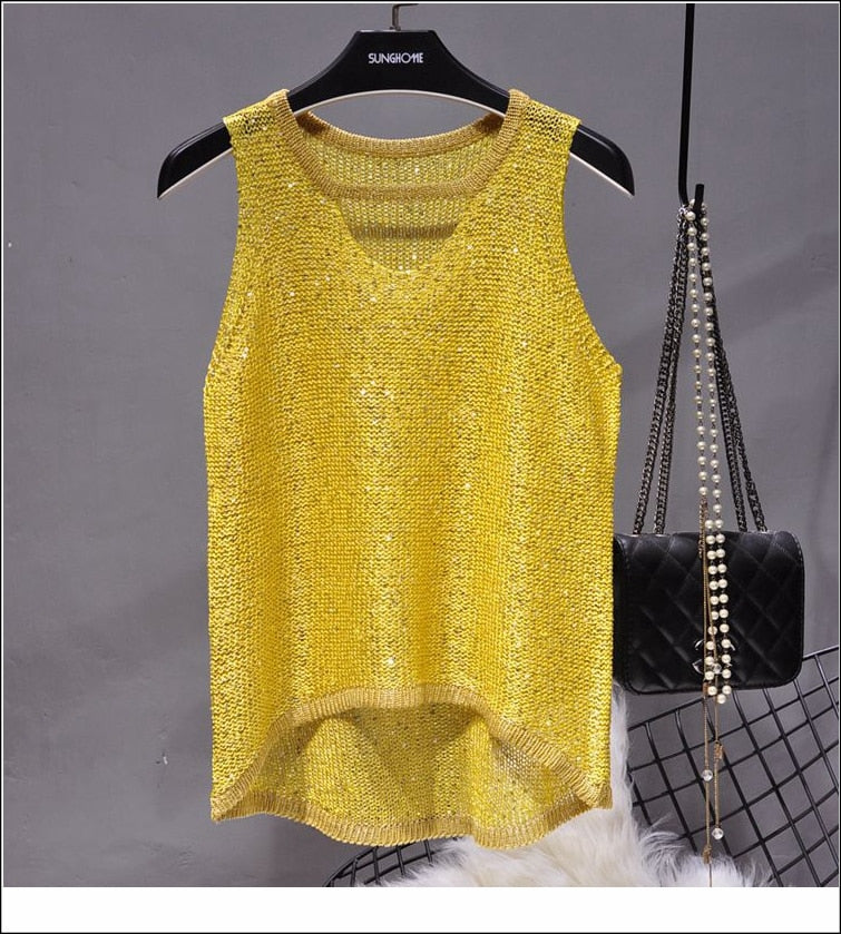 Summer New Sexy Hollow Sequined Knit Camisole Top Sleeveless Hollow Out Top Shirt Women's Loose Casual Crop Top Tops