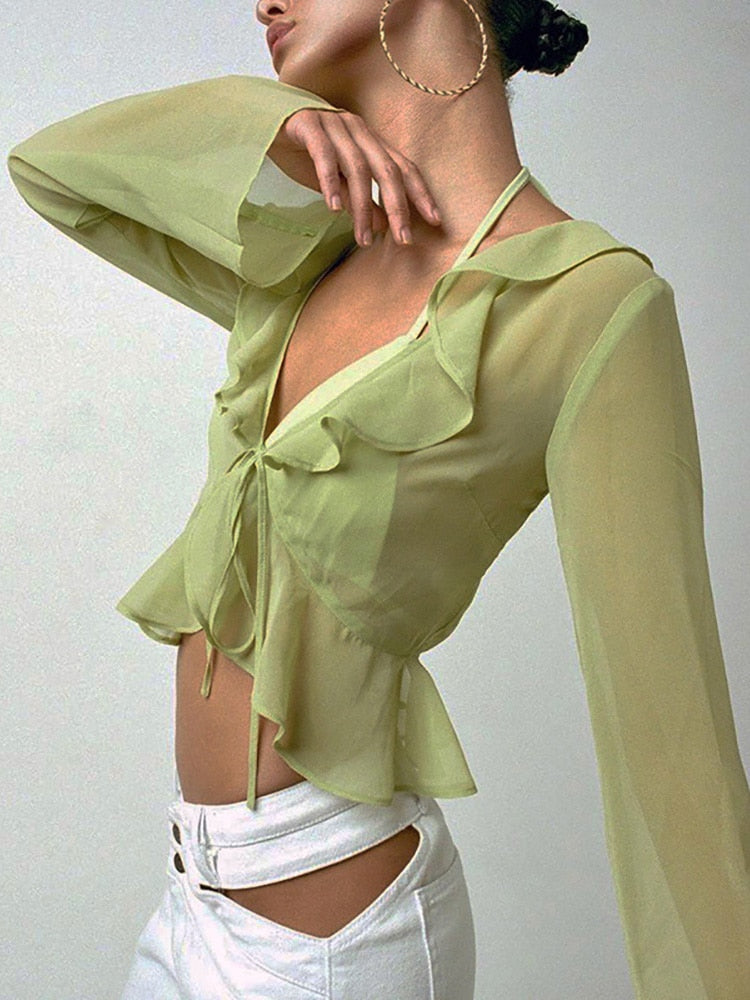 ElveswalleT Summer Outfits Vintage 90s Streetwear Ruffles Trim Green Chiffon T-shirts Y2K Fashion Sexy Deep V Lace Up Long Sleeve Tops Transparent