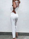 New Solid Casual Women Summer Jumpsuits V-Neck Lace-Up Sleeveless Wide Leg Pants Button Ladies Bodysuits Streetwear
