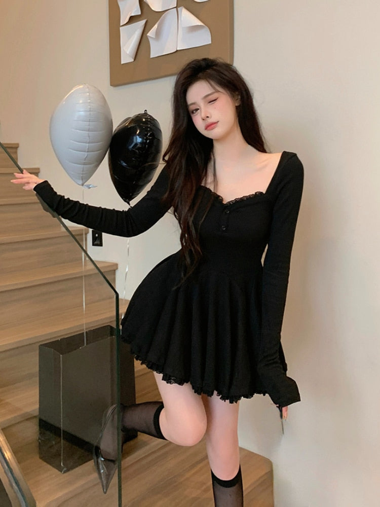 Long Sleeve Lace Mini Dress Woman Lolita Kawaii Dress Party Casual  Slim Pure Color Elegant Dress Korean Style Female
