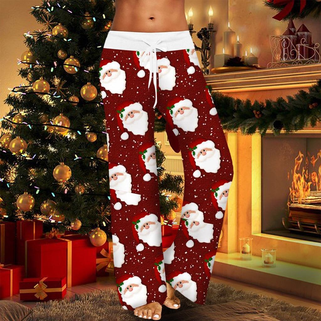 Womens Christmas Pants Cartoon Santa Claus Print Pants Wide Leg Pants Pull Rope Elastic Drawstrings Sweatpants Straight Trousers