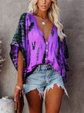 Summer Fashion Oversized Deep V-neck Women's Shirt Tie Dye Vintage Print Button Batwing Sleeve Top Female Casual Loose Cardigan