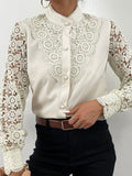 Elegant Women's Blouse Vintage Lace Spliced Long Sleeve Pink Button Up Woman Shirt Tops Fashion Casual Ladies Blouses Top