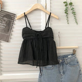 Summer New Korean Style Sweet Crop Tops All-Match Bow Tie Sleeveless Short Mesh Outer Wear Spaghetti-Strap Camisole Top
