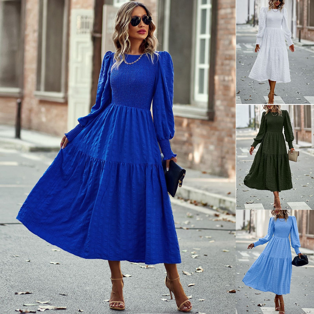 Spring Casual O Neck Lantern Sleeve Dress Women Loose Elegant Solid A-line Dress Lady Simple High Waist Klein Blue Dress