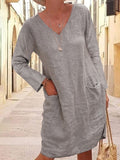 ElveswalletLoose V-Neck Long Sleeve Solid Color Linen Dress