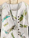 Casual Dragonfly Print Button Crew Neck Short Sleeve Blouse