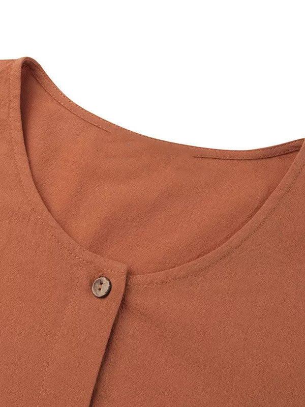 ElveswalletWomen's Loose Long-Sleeved Solid Button Linen Top