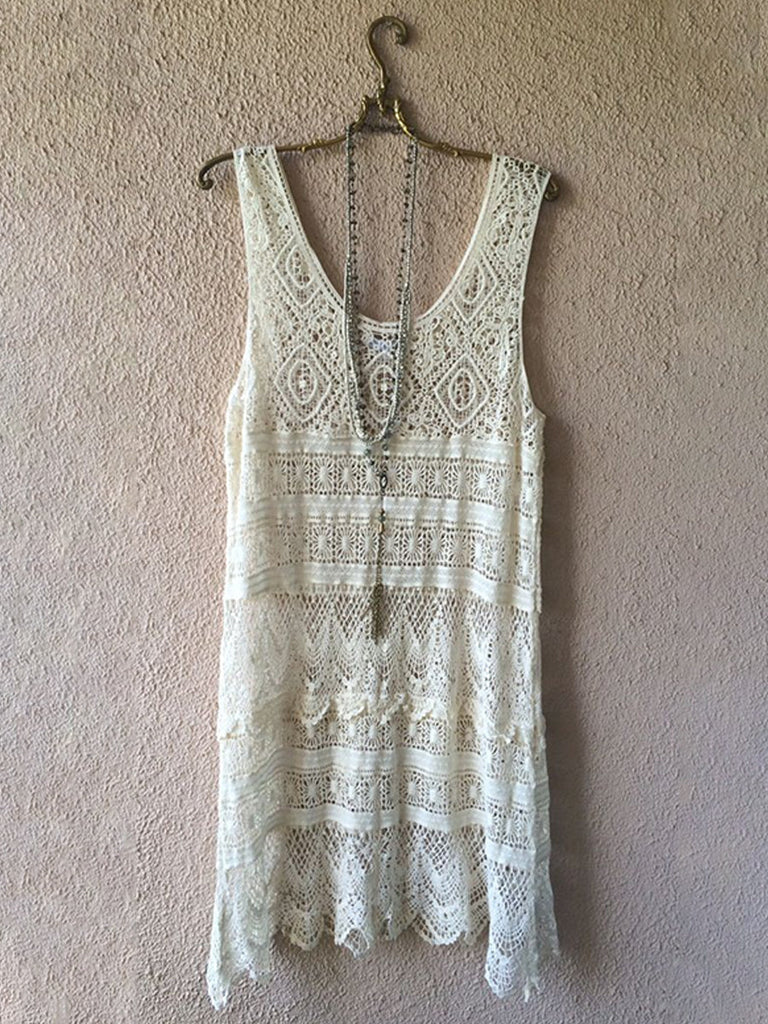 Women's Pure Color Hollow Design Lace Stitching Casual Linen Tank Top