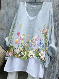 Elveswallet V-Neck Floral Print Casual Loose Fit Long Sleeve Blouse