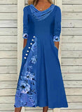 Floral Tunic V-Neckline Midi A-Line Dress