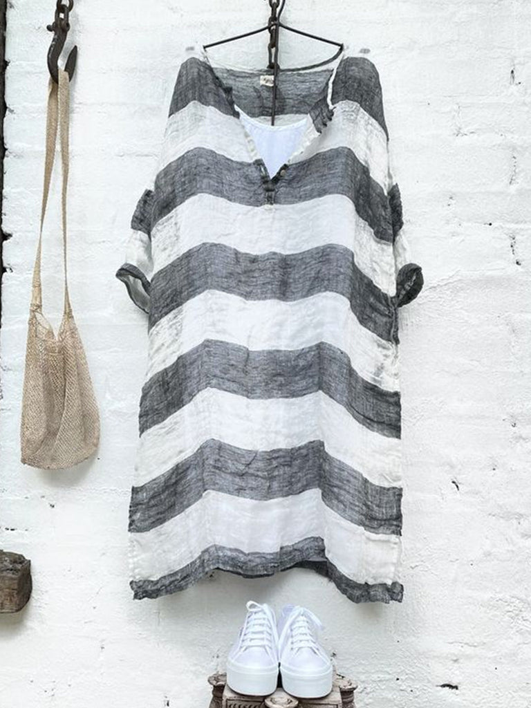 ElveswalletWomens Heavy Stripe V-neck Casual Linen Dress