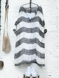Womens Heavy Stripe V-neck Casual Linen Dress