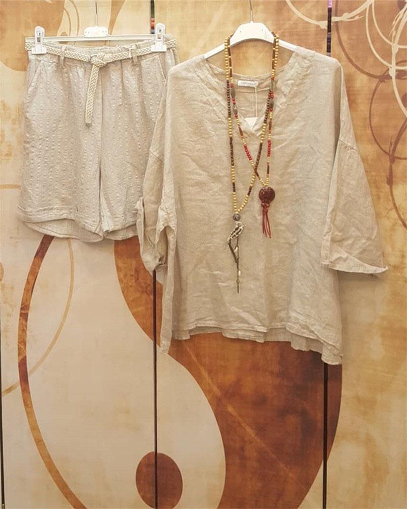 Summer Retro V-Neck Cotton And Linen Loose Plus Size Two-Piece Suit