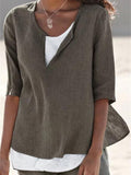 ElveswalletWomen's Loose Short-Sleeved Solid Color Linen Top