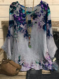 Elveswallet Round Neck Floral Print Casual Loose Long-sleeved Blouse