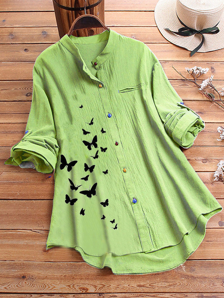 Butterfly Printed Short Sleeve Long Type Linen Shirts