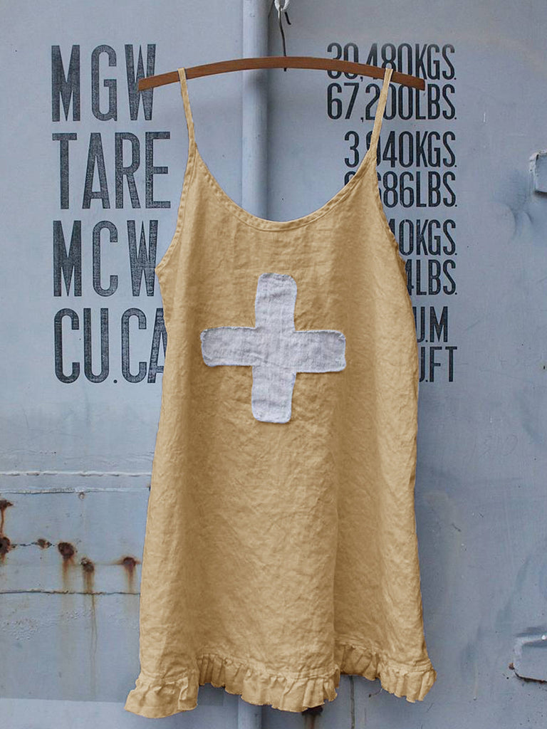 ElveswalletWomens Cross Printing Ruffled Hem Casual Linen Slip Dress